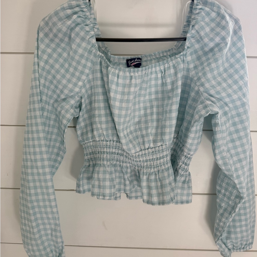 Freshman Light Blue Gingham Smocked Blouse